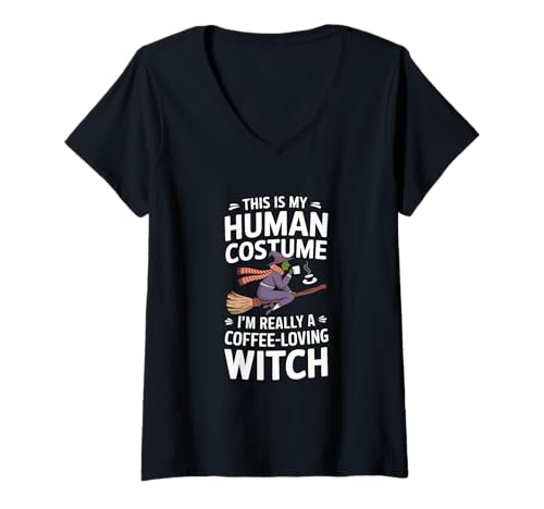Donna I'm Really A Coffee-Loving Witch Divertente Facile Festa di Halloween Maglietta con Collo a V