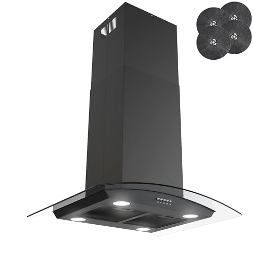 Akdy RH0681 30 Inch Island Mount Range Hood, 3-Speed Fan And Led Lights In Matte Black, With Tempered Glass thumb #1