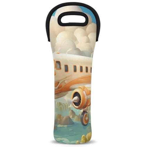Neoprene Wine Tote Carrier Bag for Wine,Water, Champagne, Beer, Baby Bottles 15.6 x 5.1 Inches, Protective Wine Bag,Cartoon Plane