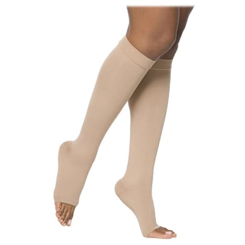 SIGVARIS Men’s & Women’s Essential Opaque 860 Open Toe Plus Calf-High Socks 20-30mmHg - Light Beige - Extra Large Long