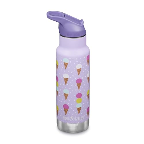 Klean Kanteen 12 oz Classic Kid's Insulated Water Bottle with Flip Seal Sport Cap - 100% Leakproof Cap - BPA-Free - Stainless Steel Material - Ice Cream