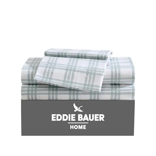 Image of Eddie Bauer - King Sheets, Cotton Percale Bedding Set, Crisp & Cool Home Decor (Light Green Plaid, King)