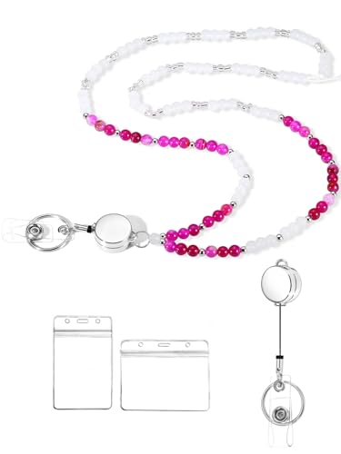 COTATI Teacher Lanyard for Id Badges and Keys,Retractable Beaded Cute Lanyards for Women Card Badge Holder (Silver-Rose red)