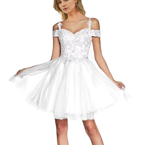 Off The Shoulder Tulle Homecoming Dresses for Teens Lace Applique Short HOCO Dresses Sparkly Cocktail Dresses for Women