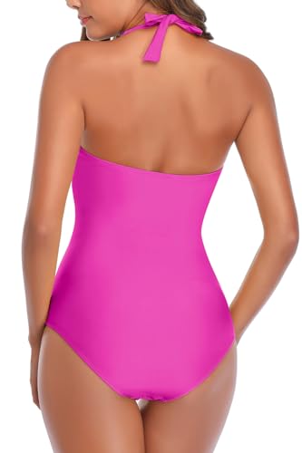 Image of Smismivo Tummy Control Swimwear Halter One Piece Slimming Vintage Retro Swimsuit Womens Ruched Push Up Bathing Suit