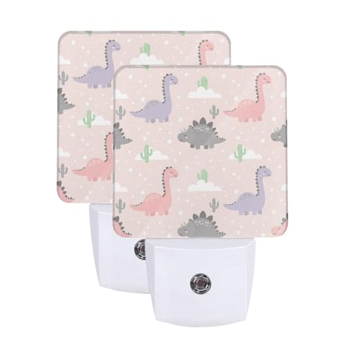 Image of Futterya Plug-in LED Night Light, Cute Dinosaurs Pink Background Cactus Set of 2 Dusk-to-Dawn Auto Sensor Decor Lamp