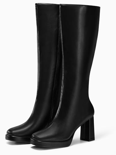 Coutgo Women’s Knee High Boots Platform Chunky High Heel Square Toe Side Zipper Gogo Boots Shoes4