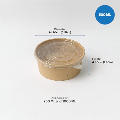 Image of PRASHEEL Living 500ml Disposable Round Kraft Paper Bowl with Lid | Takeout Containers for Hot /Cold Foods, Salad, Dessert, Soup, Noodles| Leak-Proof, Microwaveable Food Storage Containers, 20 Pack