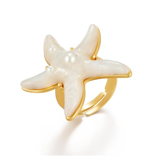 WOWORAMA Gold Conch Shell Starfish Rings for Women Chunky Adjustable Open Rings Gold Ocean Statement Rings Seashell Sea Star Rings Stackable Band Rings Summer Jewelry