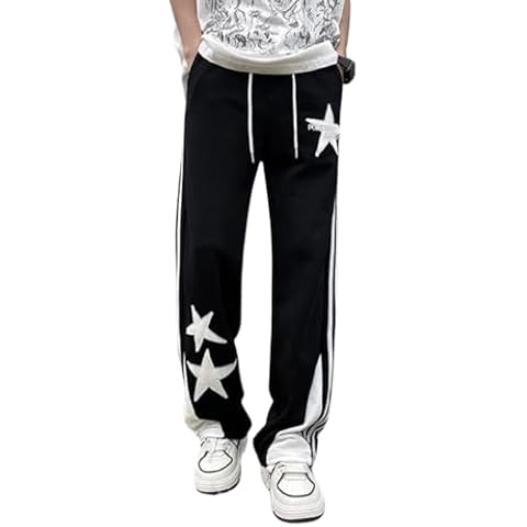 jupkem Y2k Sweatpants Men Star Hip Hop Pants Baggy Sweatpants Wide Leg Straight Track Pants Aesthetic Graphic Streetwear(black2-M) Cover