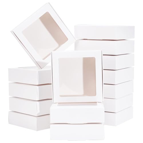 BENECREAT 16uds Caja de embalaje de regalo de PVC transparente con ventana cuadrada,10,5x10,5x3cm,cajas de embalaje de papel Kraft blanco para regalos de fiesta,pequeños regalos o manualidades