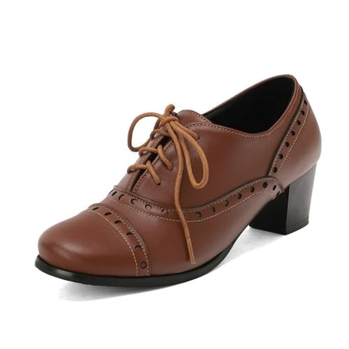 Zapatos de vestir Oxford de tacón grueso con cordones para mujer, estilo vintage, puntera redonda, punta de ala, Brown, 41 EU