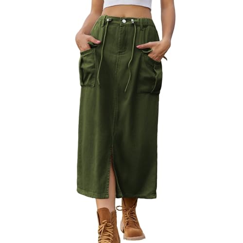 Women's Long Denim Cargo Skirt Elastic Waist Drawstring Front Slit Casual Loose Jean Skirts with Pockets