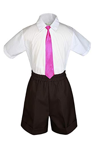 MILLTEX 3 Pieces Set Formal Party Wedding Color Satin Necktie Shirt Brown Shorts Set New Born Baby Boy Toddler Sm-4T (M (6-12 Months Old), Fuchsia)