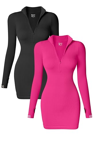 OQQ Women's 2 Piece Dresses Sexy Ribbed Zip Front Long Sleeve Tops Mini Dress Black Pitaya