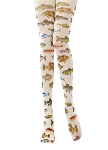 Women's Fish Print Tights - White Velvet Opaque Pantyhose (140 Denier, One Size) - Soft & Stretchy Leggings for Comfort & Style