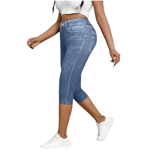 Générique Legging 3/4 Femme Été, Imprimé Simili Jean, Fausses Poches, Taille Haute Élastique, Tissu Stretch Doux, Idéal Yoga Fitness Running, Look...
