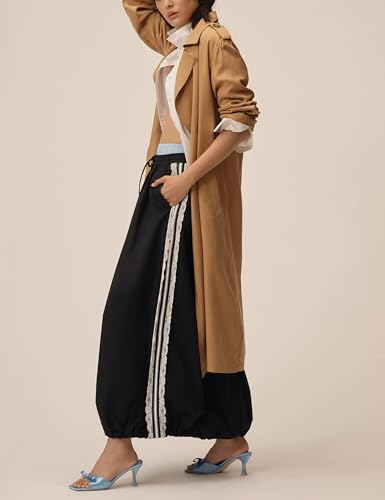 Lentta Womens Lace Stripe Bubble Maxi Skirt Ankle Length Drawstring Elastic Waisted Summer Midi Skirts with Pockets3