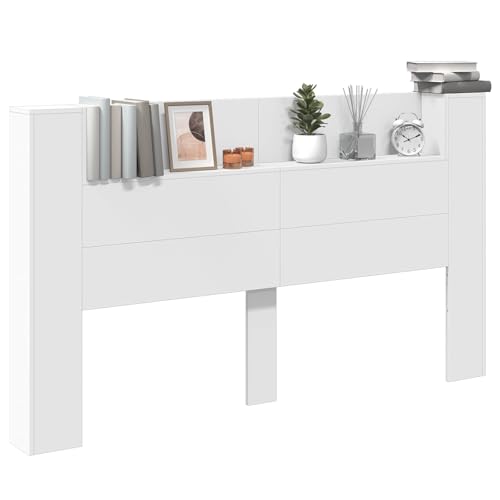 vidaXL Cabinet de Tête de Lit avec LED Blanc 180 x 16,5 x 103,5 cm, Mobilier Moderne, Dossier rectangulaire avec étagères, éclairage LED, Design épuré,...