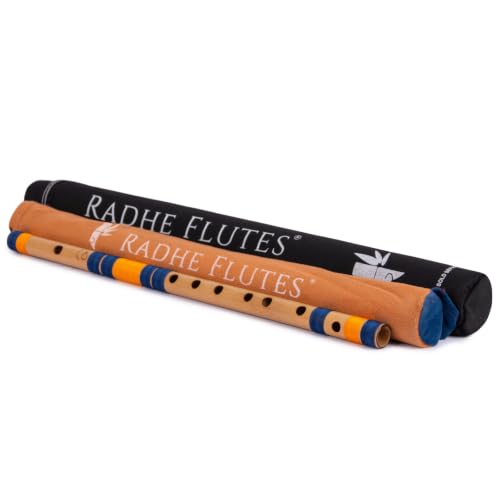 Image of Radhe Flutes Bamboo Bansuri C Sharp Right Handed Middle Octave (18 inch) With Hard Cover (Beige Flute With Dark Blue & Orange Threads)