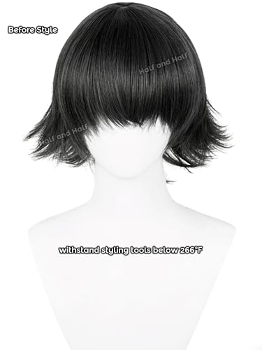 Image of Ranpo Cosplay Wig Black Juuzou Wigs Short Black Anime Male Wig with Bangs | Black Spiky Layered Synthetic Hair for Women Men Halloween Party