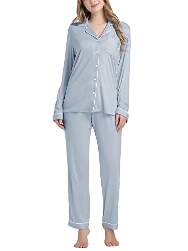 Image of Cherrydew Women's Bamboo Viscose Cooling Long Sleeve Button Up Pajama Set | Buttery-Soft Feel • Naturally Cool Comfort • Breathable Fabric • Relaxed Fit • Sleep & Lounge Ready