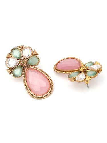 Image of Karatcart Silver Tone Diamond Shape Pink and Blue Carved Stone Studded Drop Earrings for Women