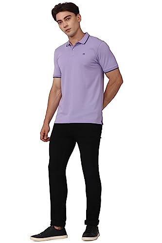 Image of Peter England Men's Snug Fit Solid Polo T-Shirt with Coloured Collar Tipping| Cotton Rich| Premium Pique Weave
