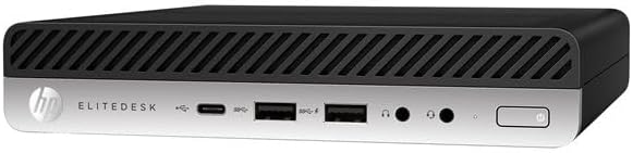 Front view of HP EliteDesk 800 G5 Mini PC showing labeled ports