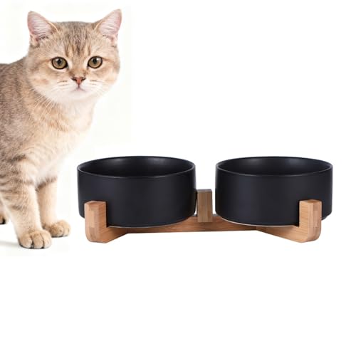竹木スタンド付き 陶器 ペットボウル 猫 犬用 フードボウル ウォーターボウル えさ皿 15.5cm広口設計 首の負担軽減 食べこぼし防止 滑り止め 黒あご防止 高温焼成 お手入れ簡単 スタック収納 大中小3サイズ (ブラック,双碗,大型)
