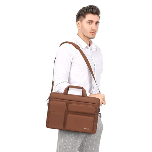 Image of MOSISO Laptop Shoulder Bag Compatible with MacBook Air 15 inch M3 M2 2024 2023 /Pro 16 inch M4 M3 M2 M1,15-15.6 inch Laptop Bag with 2 Raised&1 Flapover&1 Horizontal Pocket&Handle&Belt, Caramel Brown