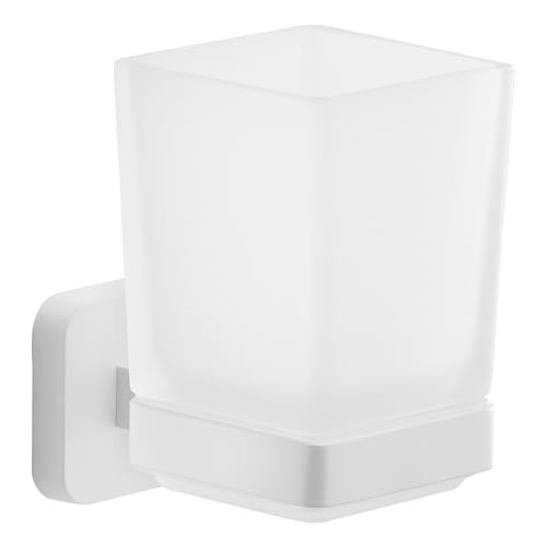GEDY | Porta Spazzolino Tonga, Bicchiere Porta Spazzolino in Acciaio Inox, Cromall e Vetro Satinato, Fissaggio con Viti Incluse o Biadesivo, Bianco Matt, 6,4x9,7x10,5cm
