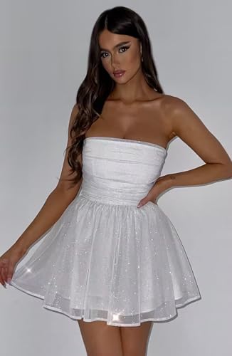 Strapless Short Homecoming Dresses for Teens Sparkly Tulle Mini Prom Cocktail Party Gowns with Bow4