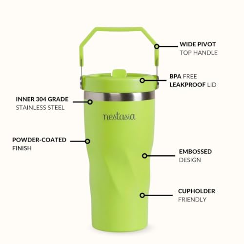 Image of Nestasia PopSip20 Stainless Steel Kids Tumbler (590 ml) - Insulated Sipper with Built-in Straw, Top Handle & Leakproof Lid | Water Bottle with Embossed Design for Adults, Travel & Gym (Lime Punch)