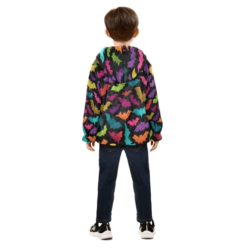 Colorful Bats on Black Toddler Fleece Jacket Girl Boys Hooded Fleece Jacket Coat Warm Outwear Zip-up 3-10T4