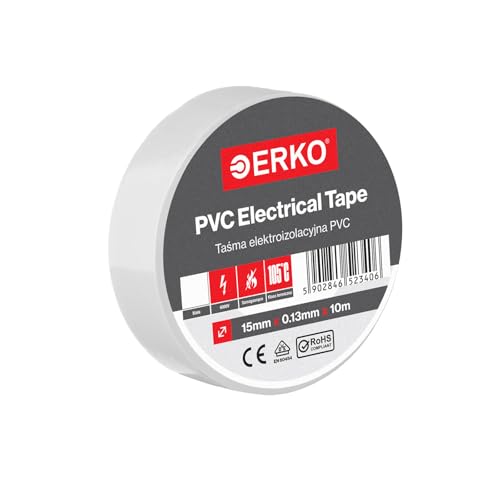 ERKO Cinta aislante Blanca PVC 15mm x 10m Reparación de conductos eléctricos, Alta flexibilidad con fuerte adhesión, Resistente a productos químicos, Cloruro de Polivinilo