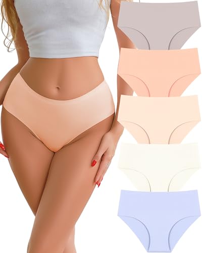 Image of UNDER THE SEA Seamless Underwear for Women Plus Size Mid Rise Lingerie Brief Sexy No Show Panties Womens Cheeky 5 Pack XS-3XL