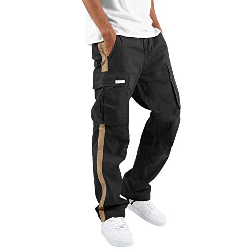 Hombres cuatro estaciones calle ocio deporte multibolsillo pie boca gorra cuerda cintura cordones estándar tejido pantalones cargo softshell Jack, Negro , XXL