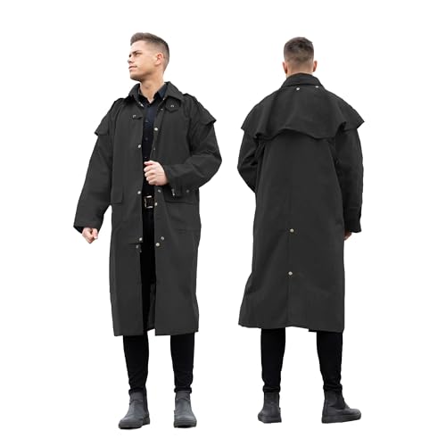 RESISTANCE Unisex Western Oilskin Waterproof Duster Coat, Workwear Black Brown Long Rain Coat With Brass Button And Pockets