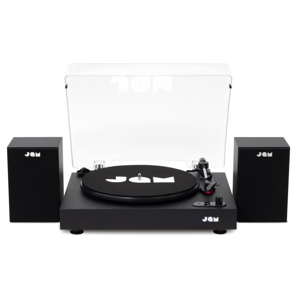 JAM Giradischi con Altoparlanti - Giradischi Bluetooth con Altoparlanti da Libreria, 3 Velocità con Coperchio Antipolvere, Braccio Pre-Calibrato, Pulitore di Vinile Incluso, Nero