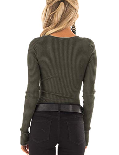 Tobrief Women's Long Sleeve Henley Button up T Shirt Casual Basic Tops Blouse Army Green,S