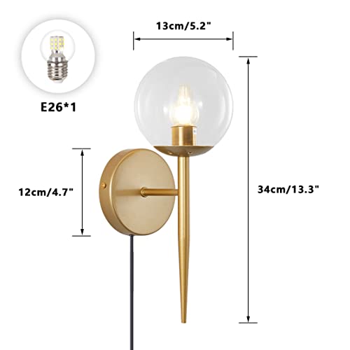 Image of BOKT 1 Light Brushed Gold Wall Sconce Light Set of Two Plug in Cord Mid Century Modern Globe Wall Sconce Set of 2 Plug in Clear Bubble Glass Bathroom Vanity Wall Lamp Plug in (Clear)