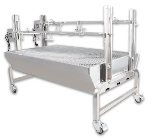 Beeketal 'BSG150-D' Profi Doppel Spanferkelgrill mit 2 Spießen, mobiler Spießgrill mit 2 Grillmotoren und höhenverstellbaren Drehspießen, Edelstahl Konstruktion mit 4 bremsbaren 360° Grad Rollen