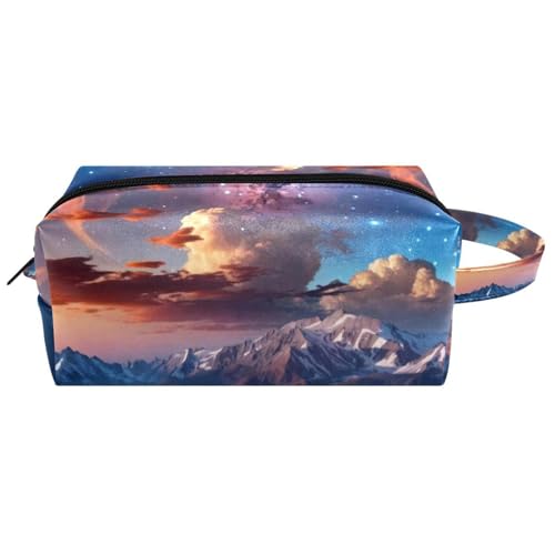 Neceser de viaje para mujer, bolsa de cosméticos de piel de microfibra para maquillaje, práctico organizador con cremallera, galaxia nebulosa estrellada sobre montaña nube, multicolor, 8.2x3.1x3.5