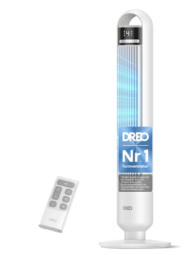 DREO Leiser Turmventilator, Ventilator mit Kühlung, Fernbedienung für Schlafzimmer, Tower Fan mit 4 Geschwindigkeiten, 3 Modi, 9,8 m Windreichweite, 8H Timer, 90° Oszillierend für Wohnzimmer 1