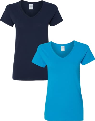 T-shirt col V Gildan pour femmes, coton lourd, paquet de 2, 2XL-Marine-Saphir