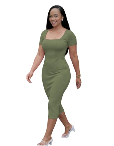 Image of TOPSRANI Women Sexy Midi Dress Bodycon Casual Sleeveless Basic Ruched Tank Summer Club Party Dresses