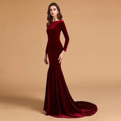 Jewel Neck Velvet Long Sleeves Evening Prom Dresses Mermaid Court Train Party Gowns Formal Zipper Back pp1244