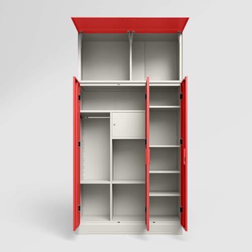 Image of Interio by Godrej Almirah Slimline 3-Door Steel Almirah, Cupboard for Clothes (Alpine White and Hot Coral Matte), 1-Year Warranty, 7 Shelves, 1 Locker, with Overhead Unit