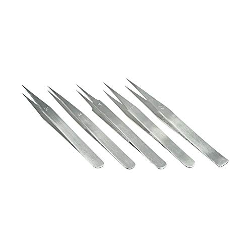 Preisvergleich Produktbild Pinzetten-Satz 5-teilig antimagnetischer, rostfreier, gehärteter, feingeschliffener Stahl ca. 11,5-12,5 cm lang